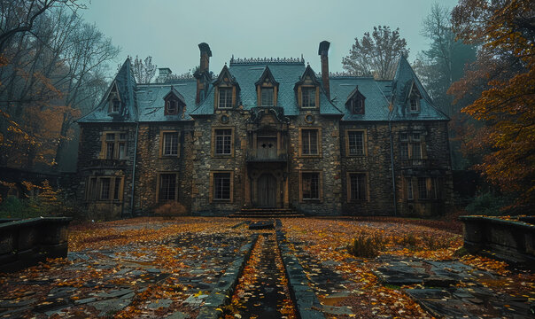 Eerie Haunted Mansion in Misty Forest with Fallen Autumn Leaves Perfect for Halloween Themes and Spooky Events