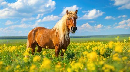 Obraz premium Golden Horse in a Field of Yellow Flowers