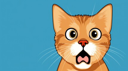 Fototapeta premium Playful orange tabby cat with speech bubble expresses surprise on a blue background.