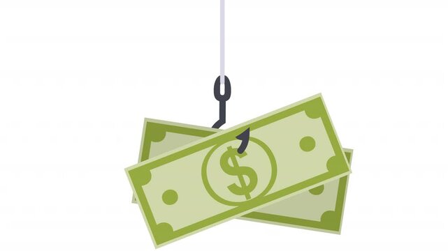 Fishhook with money. Animation money bait, alpha channel. Cartoon