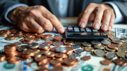 Naklejka premium Calculating Finances: Businessman Using Calculator Surrounded by Coins and Bills