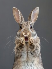 Obraz premium A very surprised and shocked rabbit with its mouth open and paws touching its head. Funny inspired animal
