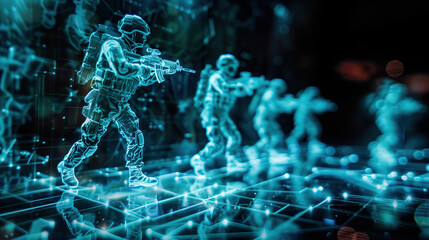 Futuristic Holographic Tin Soldiers Engaged in Virtual War Game Simulation