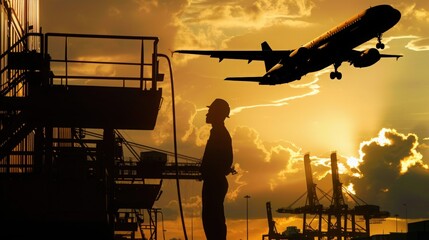 Fototapeta premium Silhouette of a worker and airplane at sunset, symbolizing travel, aviation, and industrial progress.