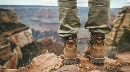 close-up of traveler's legs, boots atop mountain, rugged hiking pants, cargo pockets, panoramic canyonlands view in Colorado