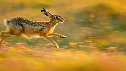 Obraz premium Wild Hare Running Through a Field of Flowers