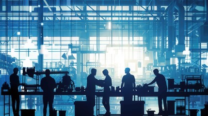 Silhouetted workers collaborating in a modern factory setting with industrial equipment and bright lighting.