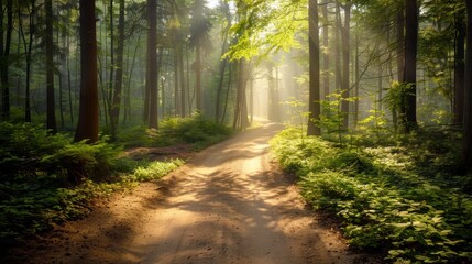 Obraz premium Sunbeams Through Forest Path.