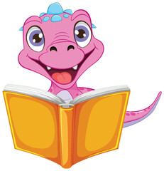 A cheerful dinosaur enjoying a good book