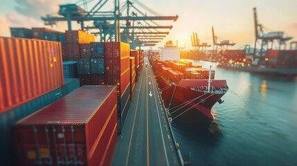 Sunset view of a bustling shipping port with colorful cargo containers and large ships docked at the harbor.