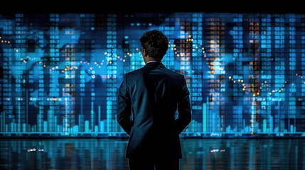 Financial Growth: A businessperson analyzing a large upward-trending graph on a digital screen, representing financial growth, investment success, and economic prosperity.
