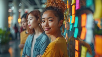 Obraz premium Innovative Brainstorming: Team members using sticky notes on a glass wall, actively brainstorming and sharing creative ideas, representing innovation and collaboration.
