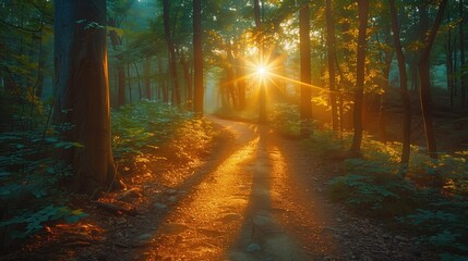 Fototapeta premium Path through Forest: A sunlit path winding through a dense forest, symbolizing the journey towards hope and clarity