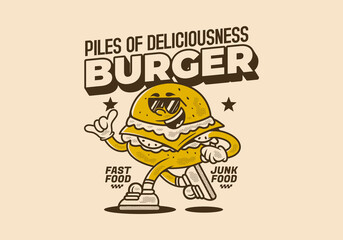 Burger, pile of deliciousness. Retro mascot character illustration of burger in running pose