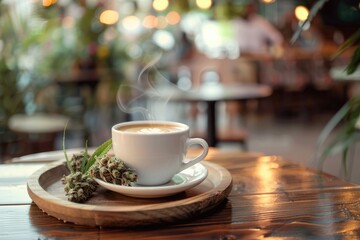 Fototapeta premium Photo of a coffee cup and dried cannabis flowers, cannabis extract, Generative AI