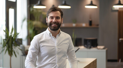 Fototapeta premium Portrait of smiling male receptionist looking at camera in modern office.