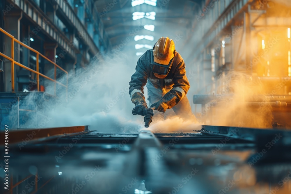 Poster worker in protective gear using tools in an industrial factory setting.