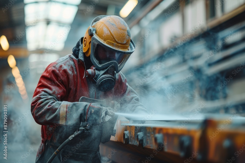 Poster Worker in protective gear using tools in an industrial factory setting.