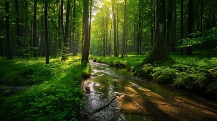 Obraz premium A tranquil forest clearing with a gentle stream