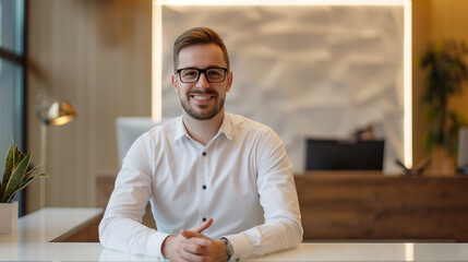 Obraz premium Portrait of smiling male receptionist looking at camera in modern office.
