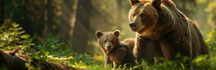 Obraz premium Mother Bear and Cub in a Sunlit Forest