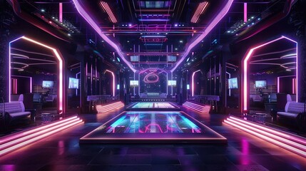 A high-energy nightclub with a live EDM DJ, LED dance floors that react to music beats, and state-of-the-art sound systems.