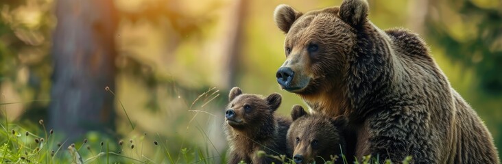 Fototapeta premium A Mother Bear and Her Cubs in the Forest