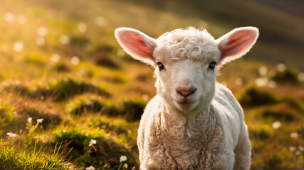 Obraz premium Fluffy white sheep graze peacefully in a green meadow