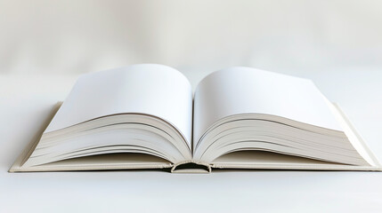 Fototapeta premium An open hardcover book with blank pages lies flat on a white surface, ready for customization or text insertion