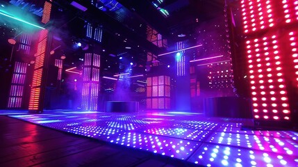 A high-tech nightclub dance floor with interactive LED panels, lasers, and a dynamic lighting system enhancing the party vibe.