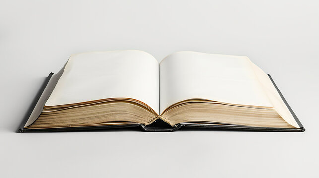 An open hardcover book with blank pages lies flat on a white surface, ready for customization or text insertion