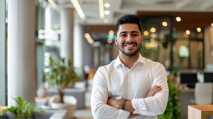 Obraz premium Portrait of smiling male receptionist looking at camera in modern office.