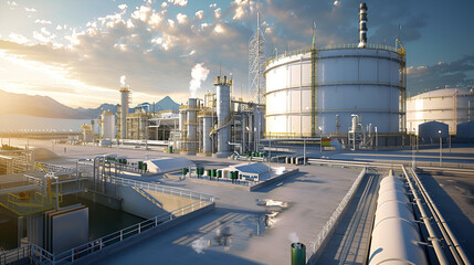 Obraz premium Vast Industrial Oil Refinery Complex with Piping and Storage Tanks by the Sea