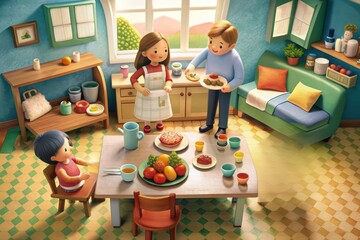 Miniature parents working at a desk while children play nearby