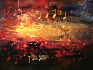 Obraz premium Colorful background with notes, treble clefs. Neural network AI generated art