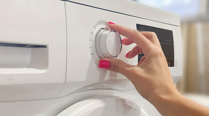 woman turns on the washing machine, hands close-up. laundry mode