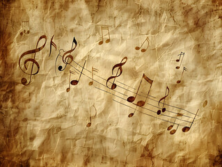 Colorful background with notes, treble clefs. Neural network AI generated art