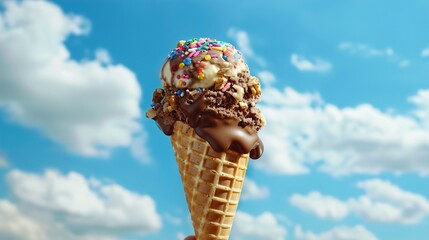 A mouthwatering chocolate-dipped ice cream cone coated with crushed nuts and rainbow sprinkles, held against a backdrop of sunny blue skies and fluffy white clouds, promising pure summer bliss.