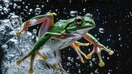 Naklejka premium Green Tree Frog Leaping Through Water Droplets