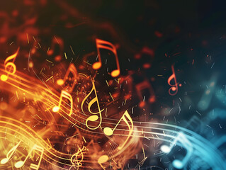 Colorful background with notes, treble clefs. Neural network AI generated art