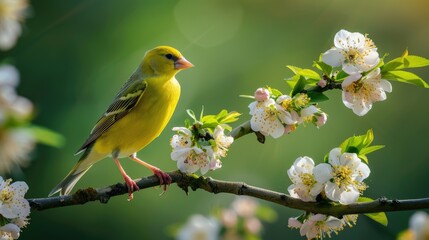 Yellow Bird Perched on a Branch of Blooming Tree