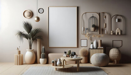 Mockup frame in minimalist nomadic interior background, 3d render