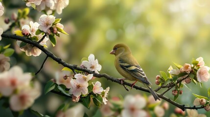 Fototapeta premium Green Finch Perched on a Branch of Blooming Tree
