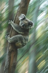 Fototapeta premium Koala Climbing a Tree in a Blurred Forest