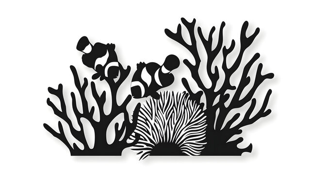 recommend clip art: black silhouette of clownfish and anemone illustration icon vector for logo, isolated on white background