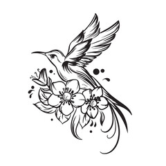 bird and flower black and white illustration