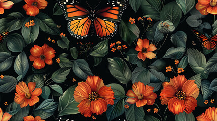 Vibrant Floral Pattern, Flowers and Butterfly - Seamless Vector Background Design Ideal for Fabric, Wallpaper, and Digital Art Projects, tile