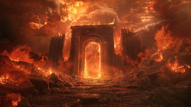 Hell's gate surrounded by flames
