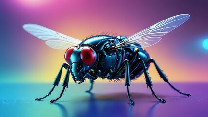 A close-up of a robotic fly with intricate details and glowing red eyes.