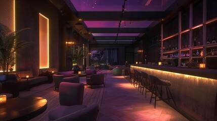 A sophisticated cocktail lounge within a nightclub, featuring cozy seating, dim lighting, and an extensive drink menu.